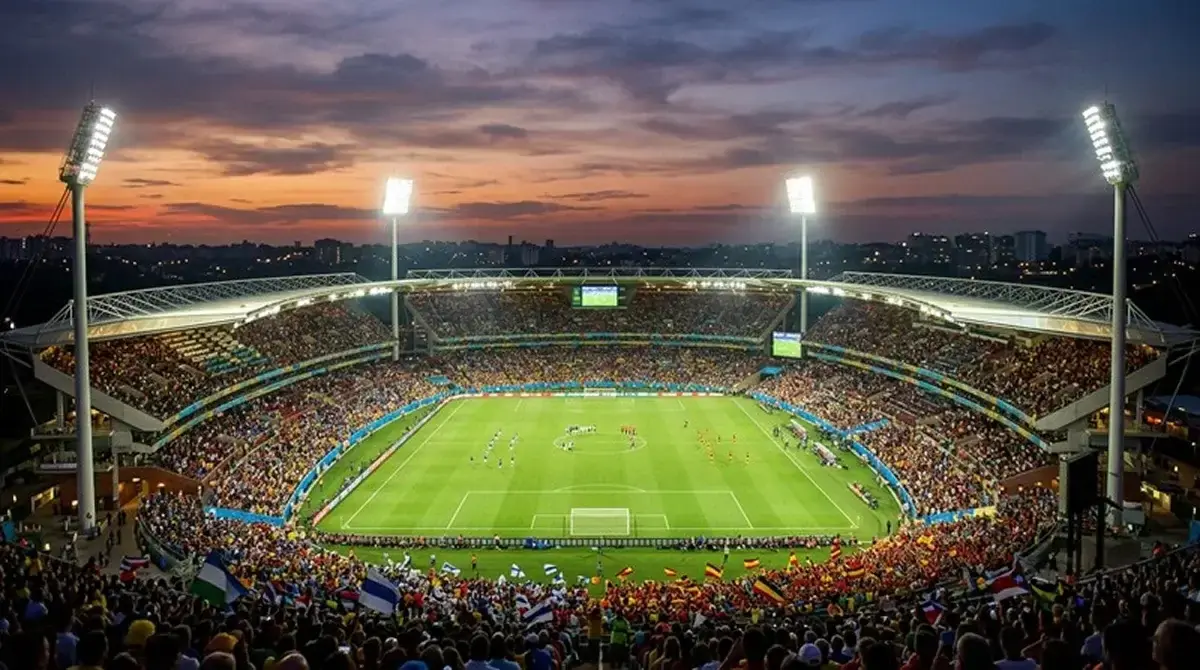 Vue d'un stade de football illuminé avant un grand match de Coupe du Monde