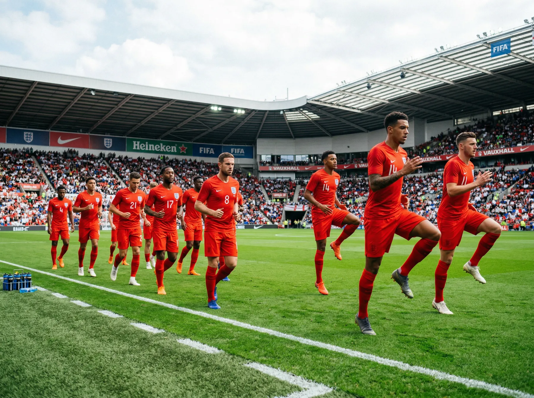 Joueurs d'une équipe nationale de football en maillot rouge s'échauffant sur la pelouse avant un match de Coupe du Monde