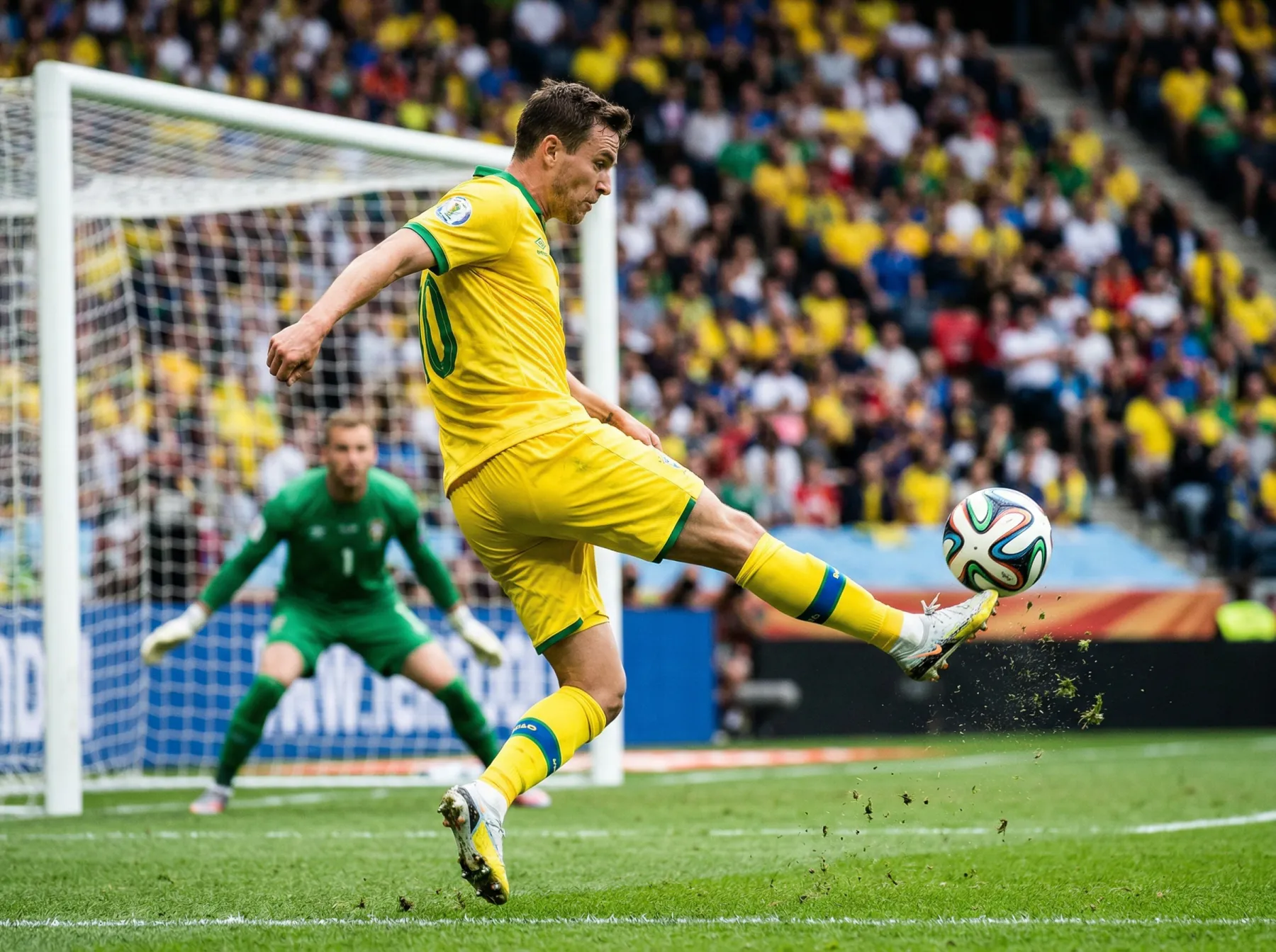 Joueur de football en pleine frappe vers le but lors d'un match international sur une pelouse impeccable