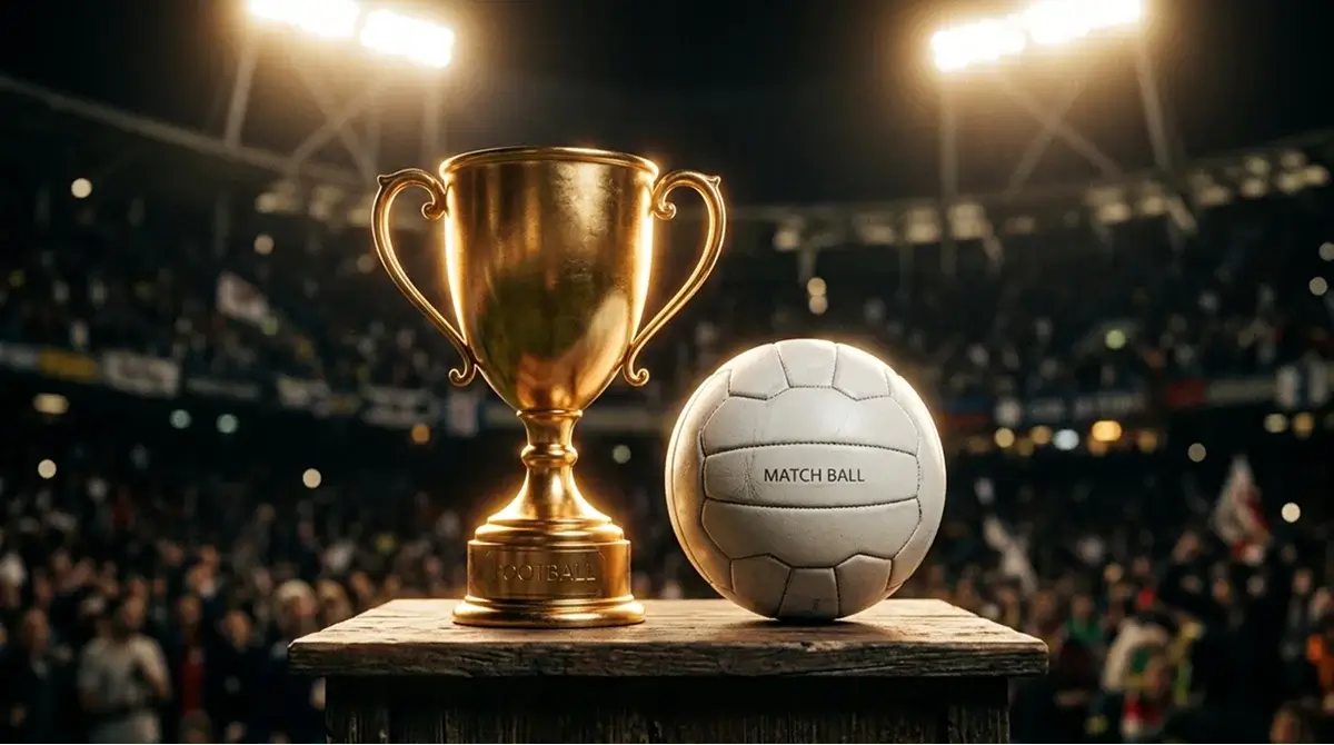 Trophée de football doré sous les projecteurs d'un stade
