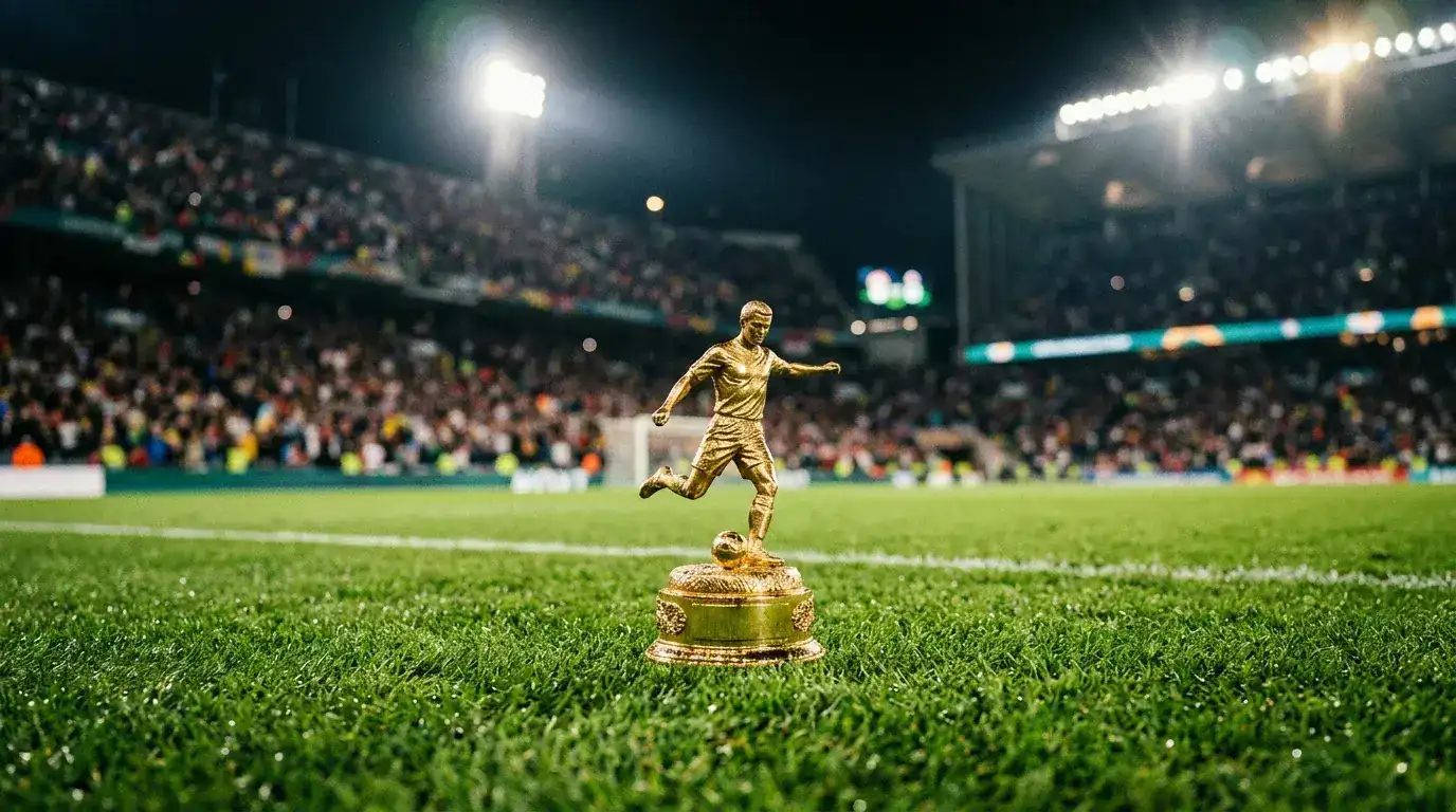 Trophée doré de meilleur joueur posé sur la pelouse sous les projecteurs