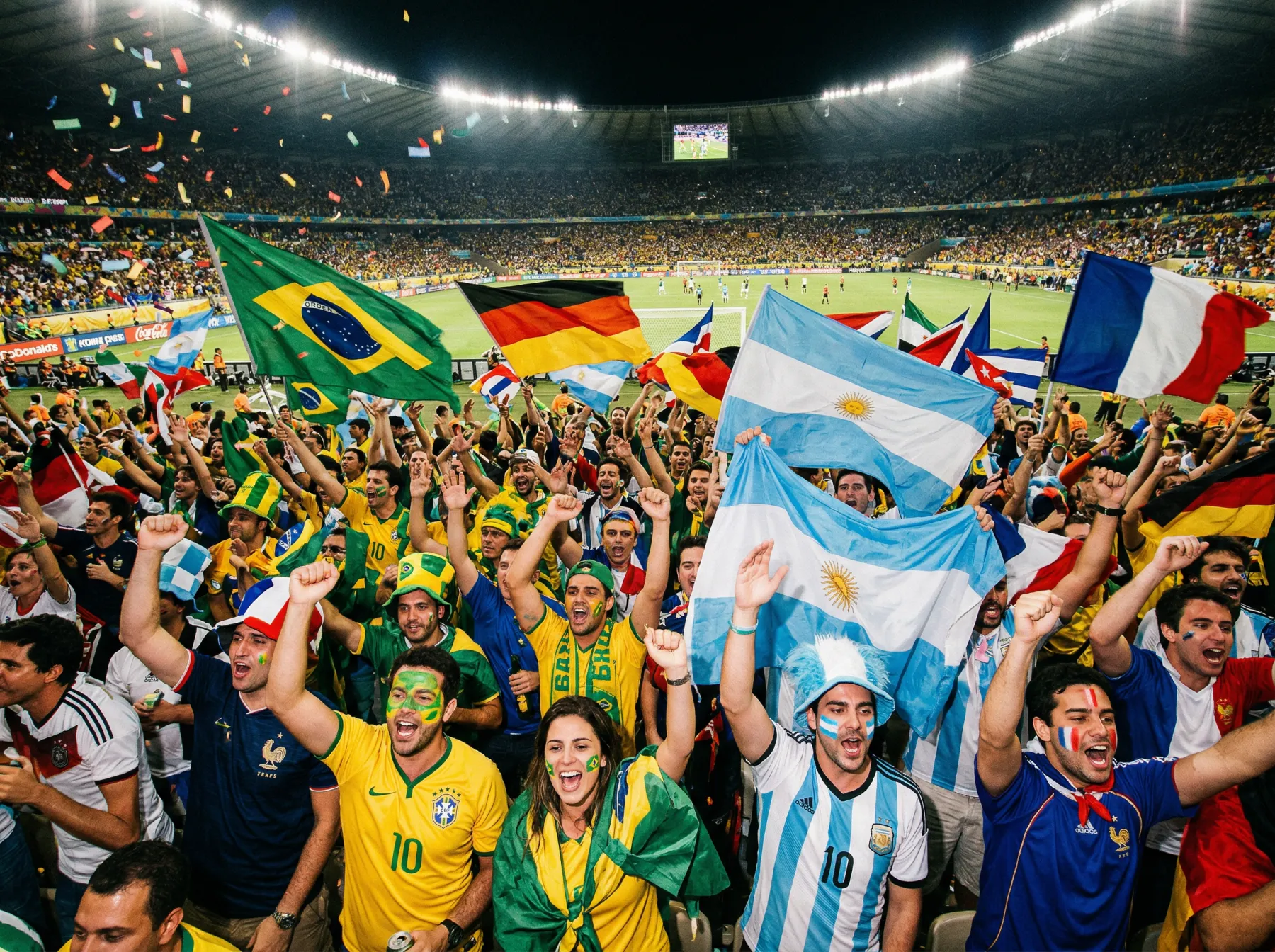 Supporters enthousiastes dans les tribunes d'un stade de football brandissant des drapeaux pendant un match de Coupe du Monde